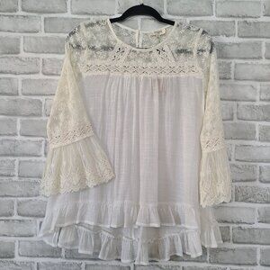 Umgee Lace Bell Sleeve Top White Sheer Ruffle Romantic Fairycore Festival S NWT